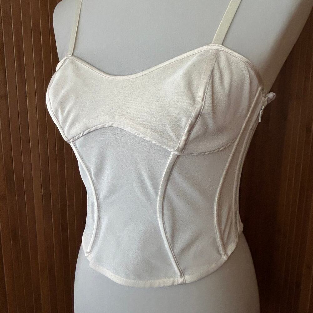 Bebe White Mesh Corset Top Silk Contrast Boned Bustier Size 4 NWT - Picture 2 of 9